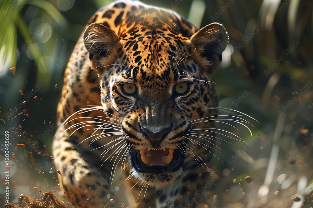 Obraz premium Sri Lankan Leopard charging, jungle background. Wildlife photography for print, websites