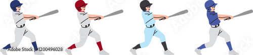 少年野球でバッティングをする選手のイラストセット