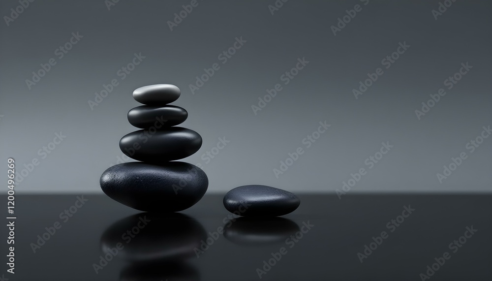 zen, stones, asymmetrical, stack, modern, matte, glossy, textures, polished, black, surface, reflections, subtle, gradient, gray, background, 8K, resolution, balance, harmony, calm, minimalist, 