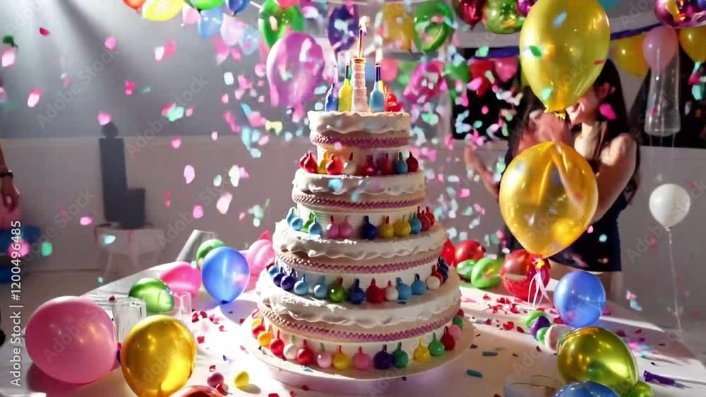 A fun birthday party scene with a cake and candles, balloons, and falling confetti celebrating a joyful occasion.
A fun birthday party scene with a cake and candles, balloons, and falling confetti celebrating a joyful occasion.