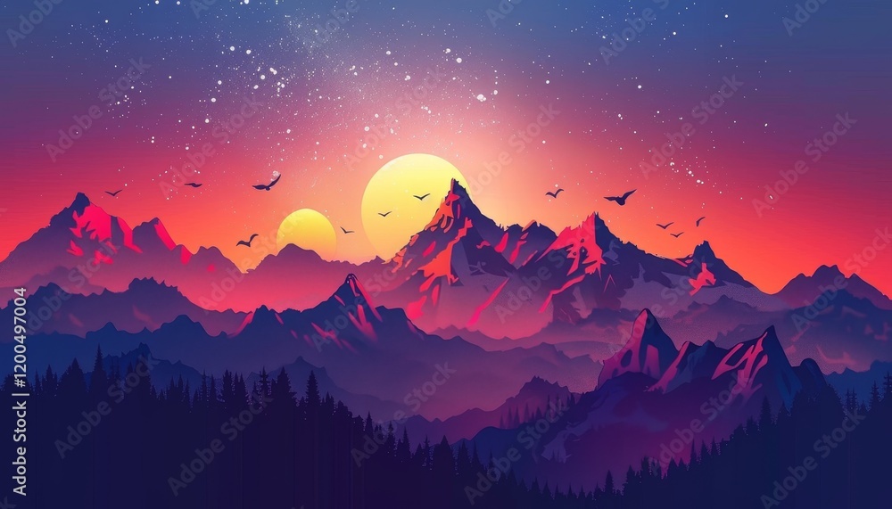 Naklejka premium A vibrant sunset over a mountain range with two suns in the sky.