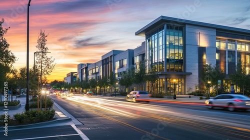 Modern office buildings at sunset, city street, traffic, urban development, real estate marketing