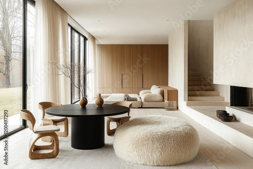 Minimalist Scandinavian Studio Apartment with Round Black Dining Table and Wooden Chairs photo