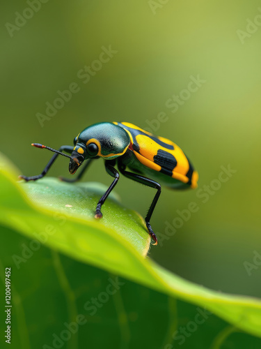 -striped cucumber beetle resting on a green leaf,  leaf,  nature,  striped photo