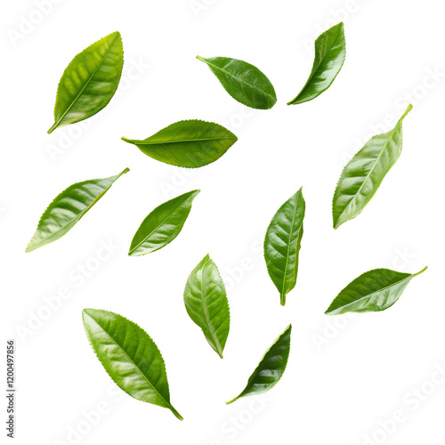 Wallpaper Mural Fresh tea leaves scattered on a transparent background showcasing their vibrant green colors and unique shapes, Tea leaves on transparent background Torontodigital.ca