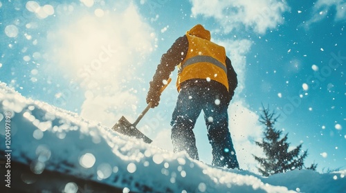 A Man Removing Snow from Roof During Winter Snowfall