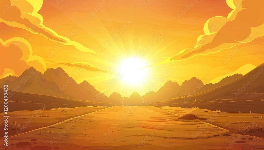 A long, empty road leads towards a distant sun setting over a mountain range.