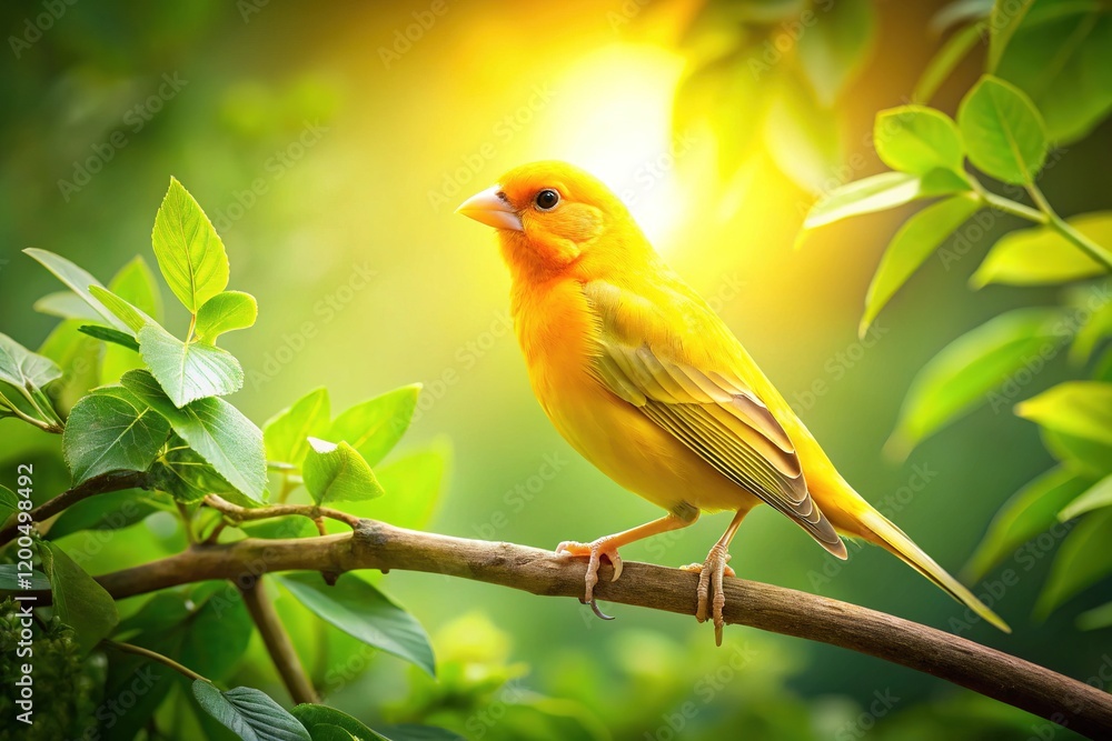 Golden Canary on Branch - Lush Green Leaves - Vibrant AI Art Golden Canary on Branch - Lush Green Leaves - Vibrant AI Art