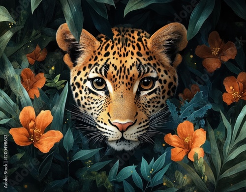 Leopard in Tropical Foliage Watercolor Illustration for Wall Mural Design photo