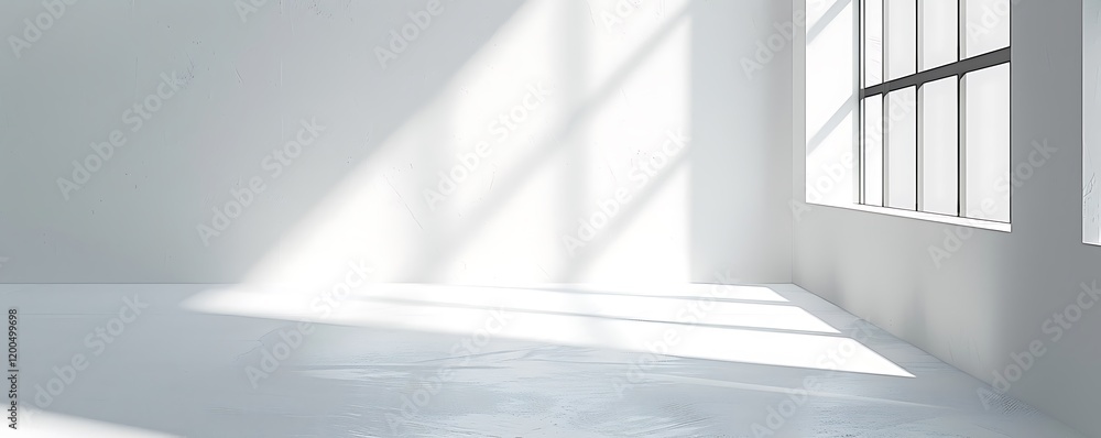 Sunlit empty room, white walls, large window, clean floor, product display Sunlit empty room, white walls, large window, clean floor, product display