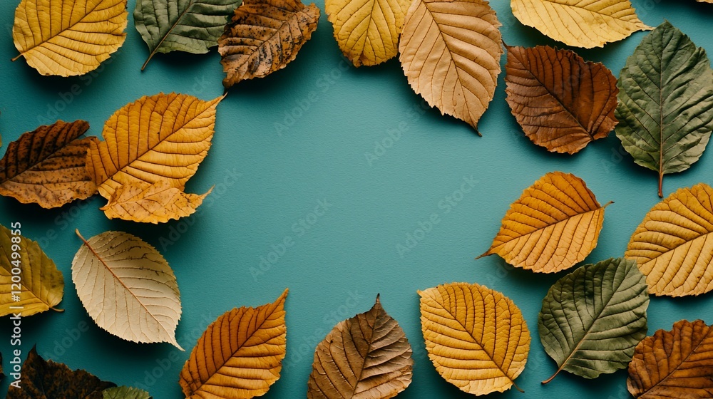 Fototapeta premium Autumn leaves frame on teal background.