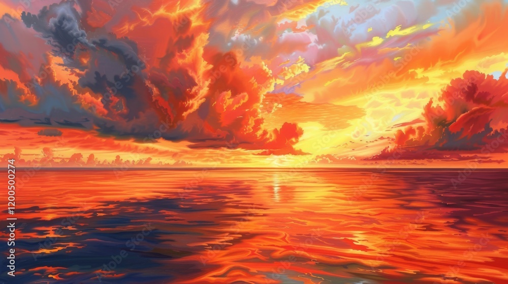 Fototapeta premium Dramatic orange and red clouds hovering above a calm ocean at sunrise, their vibrant hues reflecting on the water