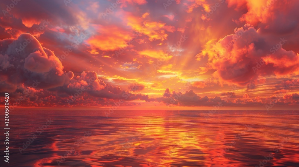 Fototapeta premium Dramatic orange and red clouds hovering above a tranquil ocean at sunrise, their vibrant hues reflecting on the water