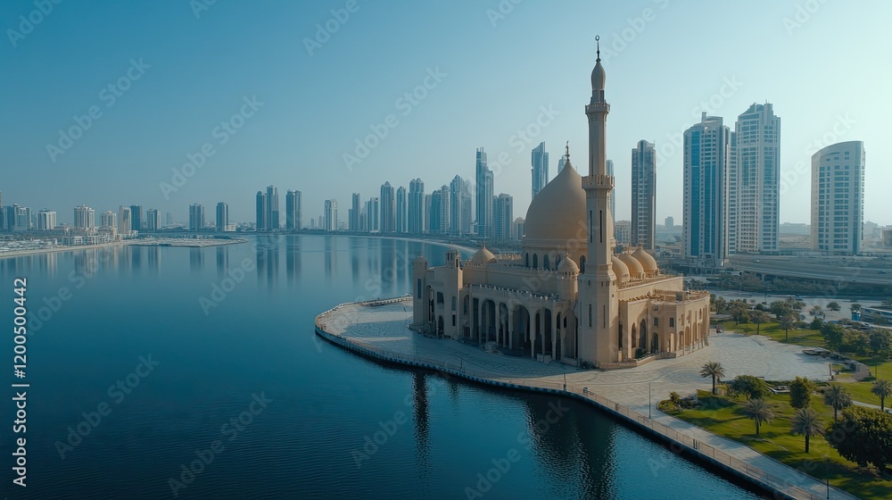 Obraz premium Mosque waterfront cityscape sunrise; travel brochure
