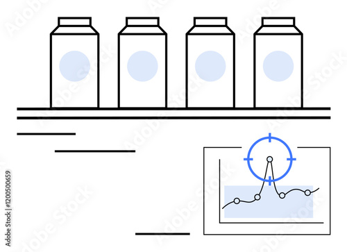 Bottles on a shelf with a performance chart highlighting data trends and a pinpoint marker. Ideal for inventory management, supply chain, analytics, retail, logistics, tracking, abstract line flat