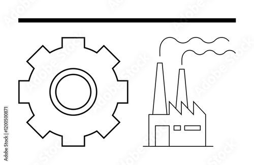 Gear beside a factory with smoking chimneys suggests production, industrial growth, and workflow. Ideal for manufacturing, engineering, productivity, industry, efficiency, planning abstract line