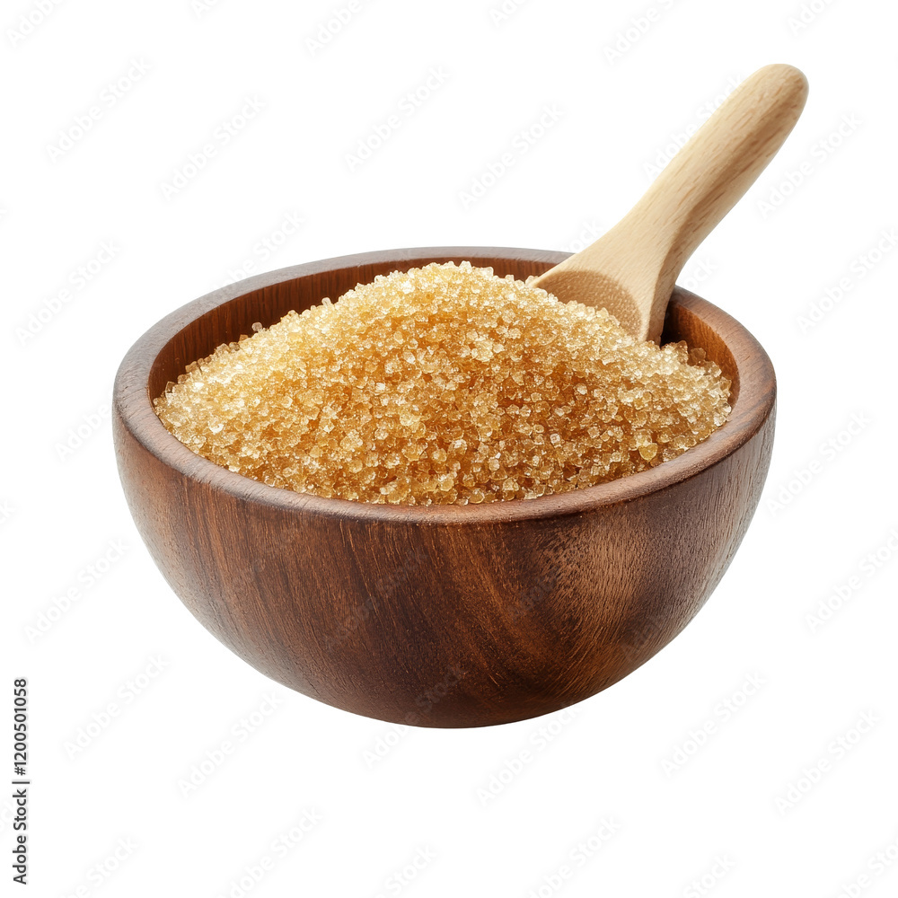 Brown cane sugar in a wooden bowl on a transparent background with a spoon resting inside, Brown cane sugar in wooden bowl isolated on transparent background Brown cane sugar in a wooden bowl on a transparent background with a spoon resting inside, Brown cane sugar in wooden bowl isolated on transparent background