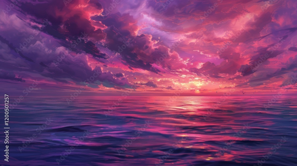 Obraz premium Dramatic purple and red clouds hovering above a calm ocean at twilight, their vibrant hues casting a magical glow on the water
