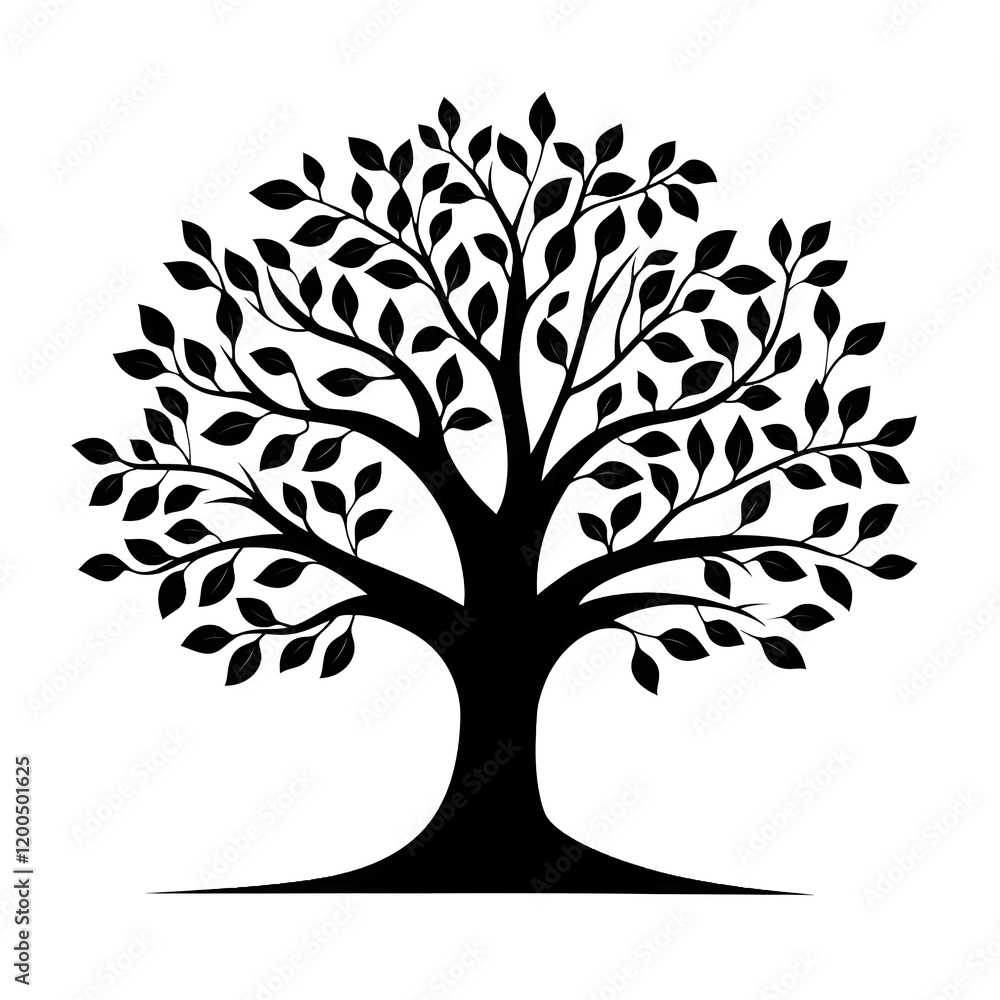 Black vector tree silhouette logo on a white background a simple design with an elegant and professional look The tree is large with leaves covering the entire top o