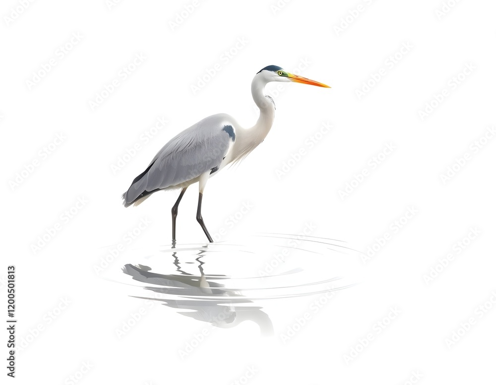 Heron Wading Gracefully in Water, Isolated on White Background Heron Wading Gracefully in Water, Isolated on White Background