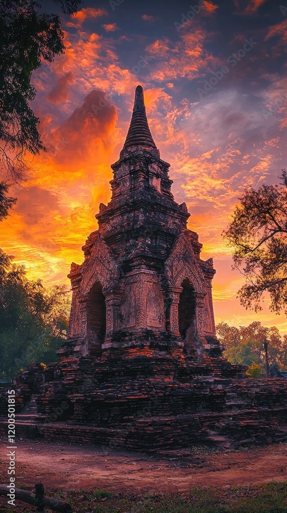 Fototapeta premium Ancient Stone Pagoda Glowing Under Soft Magical Sunset Colors