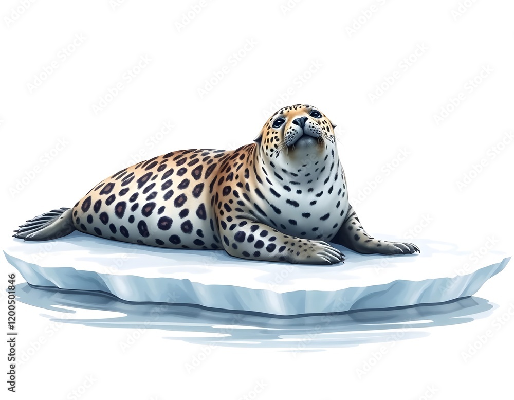 Obraz premium Leopard Seal Resting on Ice, Isolated on White Background