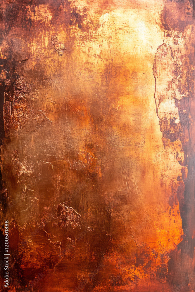 Obraz premium Abstract textured artwork with warm tones of orange, copper, and gold, creating a rustic and fiery visual effect.