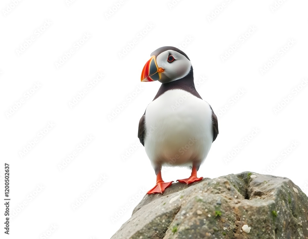 Naklejka premium Puffin Chick on Rock Full-Body Illustration Isolated on White
