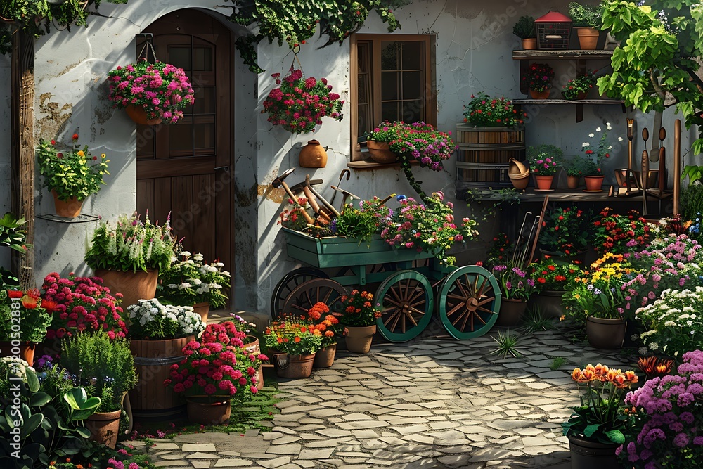 Naklejka premium Sunny courtyard garden, flowers, tools, stone path, rustic charm, home d?cor