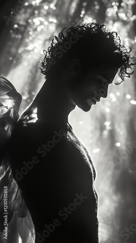 A striking black and white portrait of a man, seemingly angelic, with wings.  The image is dramatic and full of contrast.