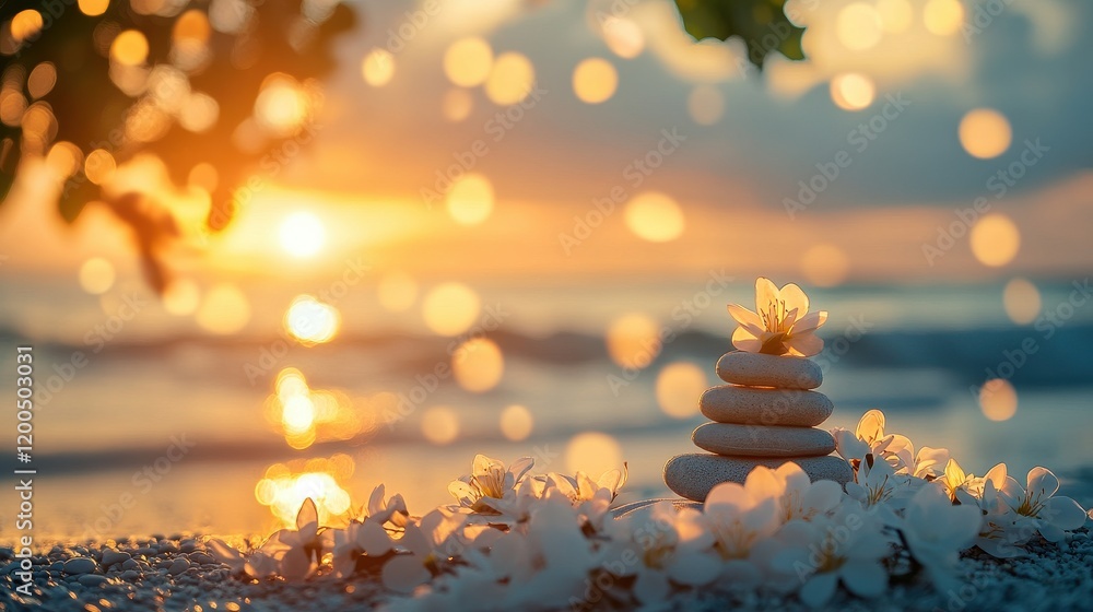 Fototapeta premium Yoga session on beach at sunrise with soft bokeh light