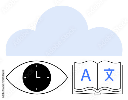 Pastel blue cloud, clock inside an eye, open book with multilingual letters. Ideal for time management, digital learning, global communication, cloud tech, education, creativity abstract line flat