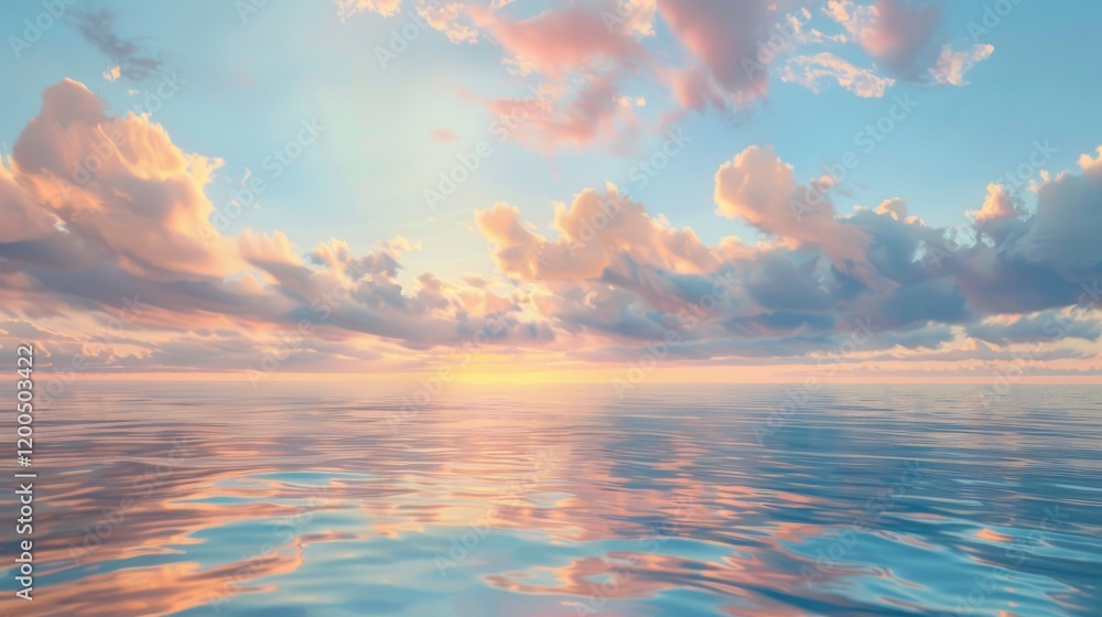 Obraz premium Enchanting pastel clouds floating above a calm ocean at sunrise, the sky painted in soft hues and their reflections shimmering on the water