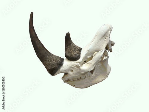 Rhinoceros fossil head bones, double horns, teeth all displayed in closeup & isolated. Skeleton skull remains of a wild animal are bleached white  with distinct features.