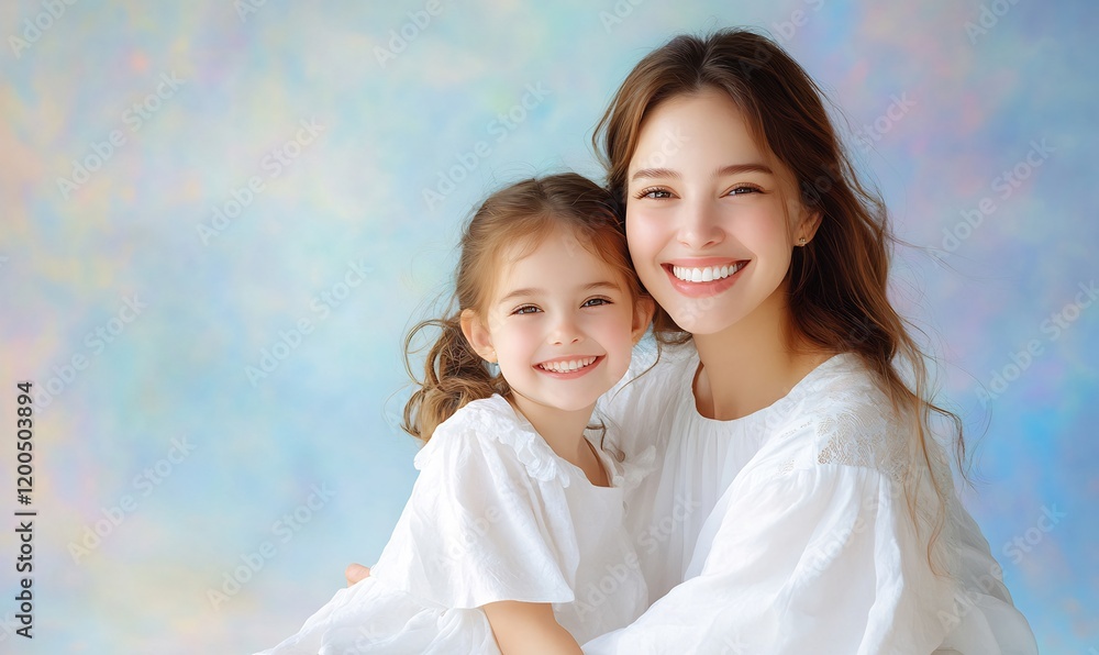 Happy mother and daughter embrace, studio portrait, pastel background, family love Happy mother and daughter embrace, studio portrait, pastel background, family love