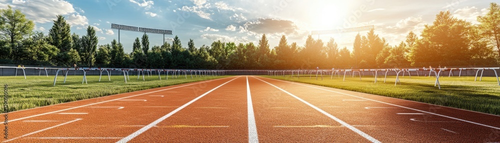 Fototapeta premium Scenic Sunlit Running Track in a Serene Park During Late Afternoon Hours