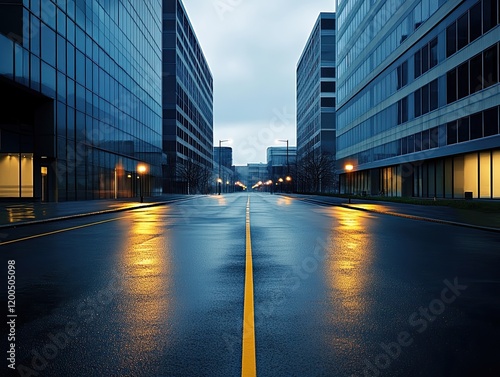 Empty city street at dawn, wet asphalt, modern buildings. Stock photo for urban, business themes photo