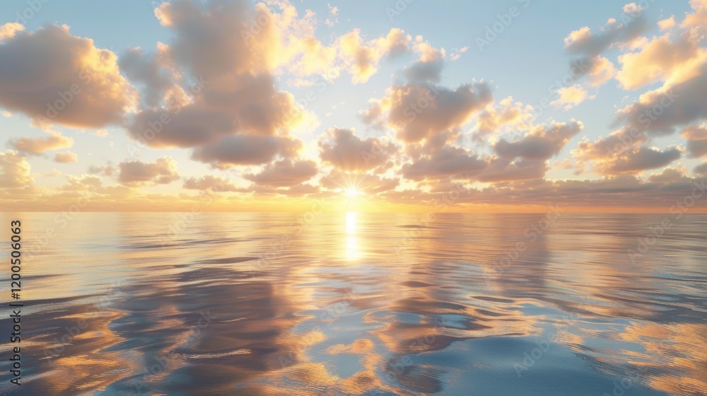 Obraz premium Golden clouds drifting above a calm ocean at sunrise, their reflections shimmering on the water