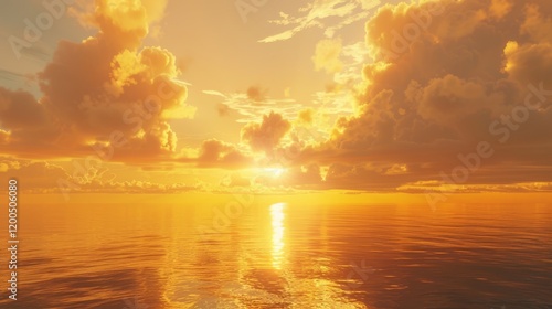 Golden clouds drifting above a calm ocean at sunrise, their reflections shimmering on the water