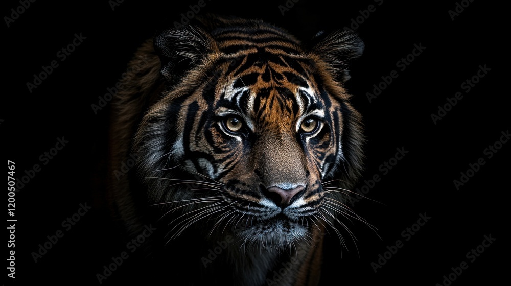 Fototapeta premium Tiger head, facing forward, in the dark. Studio lit portrait for wildlife art, advertising or nature docs