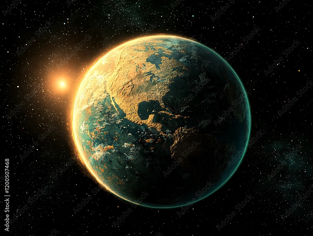 Naklejka premium Stunning view of Earth from space during a sunrise, showcasing the planet's beauty and the vastness of the cosmos.