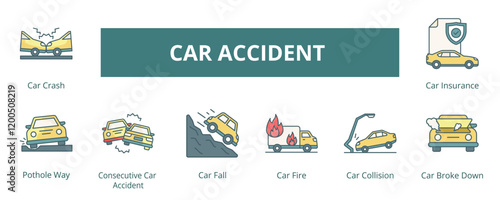 Car Accident Lineal Color Banner Web Icon Set Vector Illustration, Car Crash Pothole way Consecutive Car Accident Car Fall Car Fire Car Collision Car Broken Down Insurance