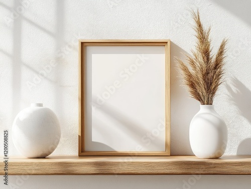 Minimalist Interior Shelf with Golden Frame and Dried Grass in Modern White Vases
