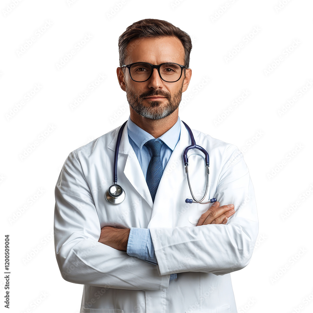 Professional doctor in a transparent coat demonstrating confidence in a healthcare setting, Professional doctor, medicine and healthcare concept, isolated Professional doctor in a transparent coat demonstrating confidence in a healthcare setting, Professional doctor, medicine and healthcare concept, isolated