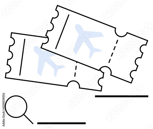 Two airline tickets featuring airplane icons with a magnifying glass nearby. Ideal for travel planning, flight booking, tourism, vacation, transportation, ticketing, and logistics. Abstract line flat