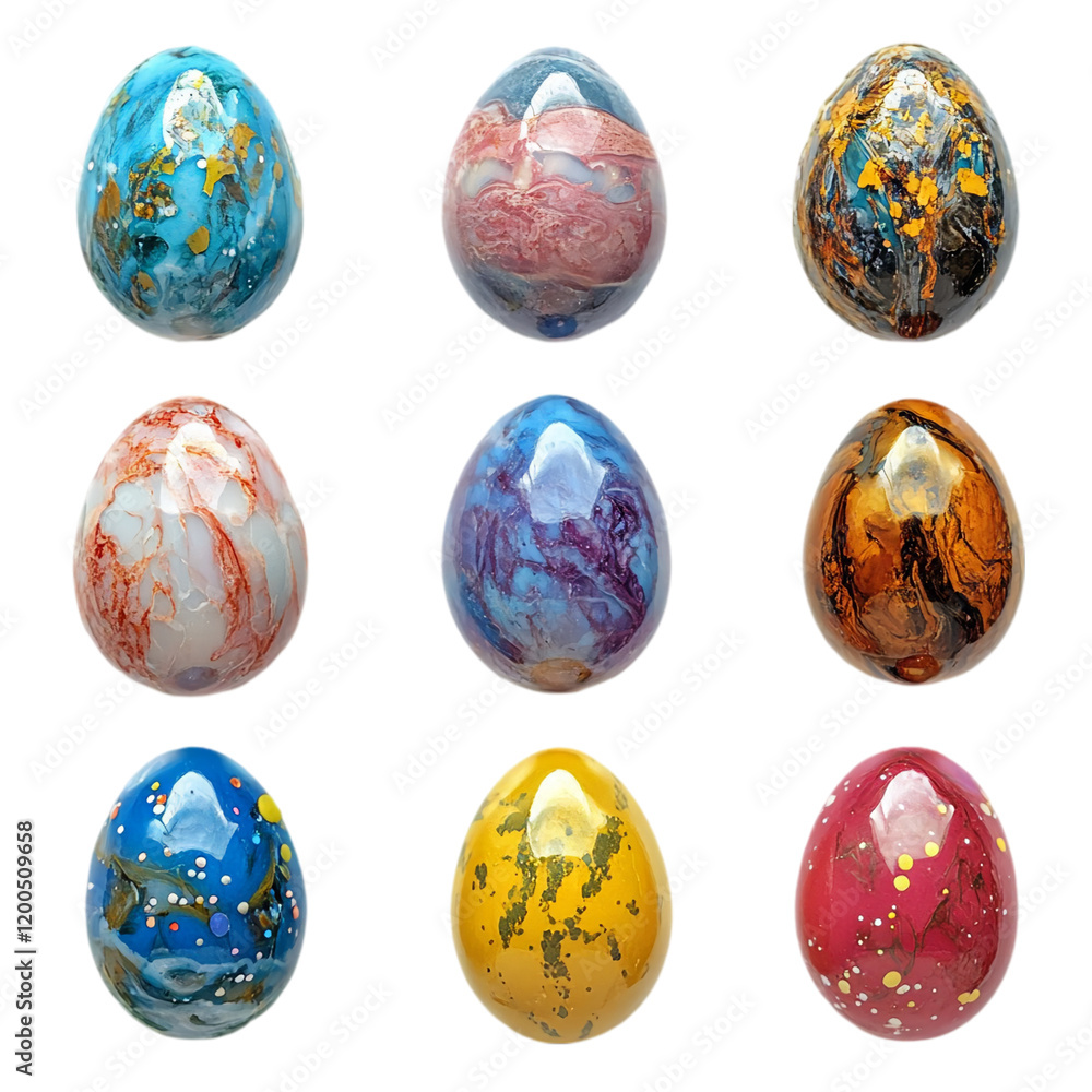Nine Colorful Easter Eggs Marble Design art red blue gold isolated on transparent background, png Nine Colorful Easter Eggs Marble Design art red blue gold isolated on transparent background, png
