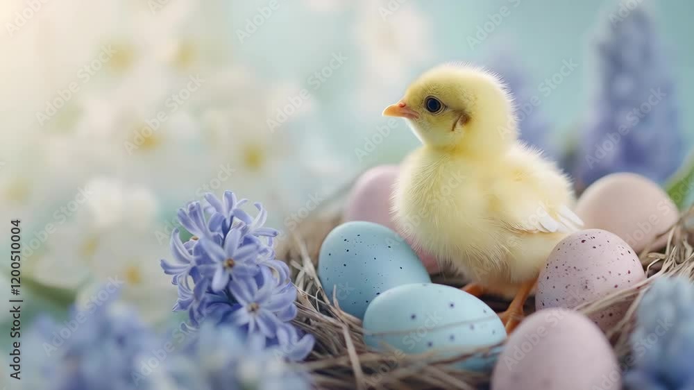 Cute chick in nest with colored eggs on light pastel blurred background with lights and flowers. Poultry farm, farming and eco food. Easter and spring holidays concept with copy space Cute chick in nest with colored eggs on light pastel blurred background with lights and flowers. Poultry farm, farming and eco food. Easter and spring holidays concept with copy space
