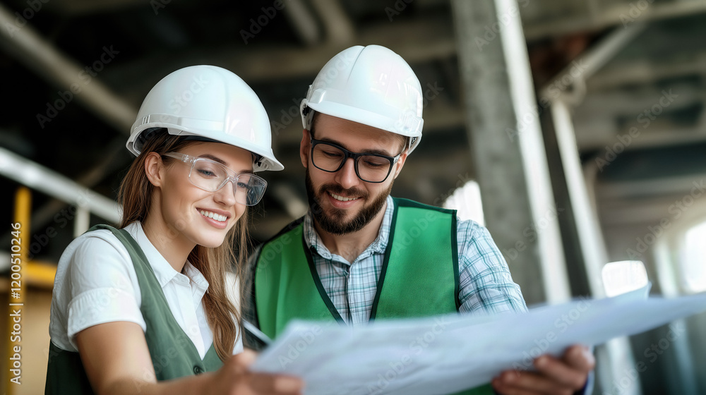 Smiling engineers examining blueprints for a sustainable construction project Smiling engineers examining blueprints for a sustainable construction project