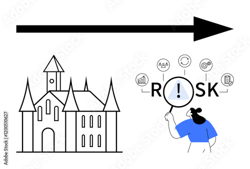 Black arrow connects a medieval castle to a person analyzing risk with a magnifying glass. Ideal for evolution, decision-making, innovation, strategy, transformation, progress, abstract line flat