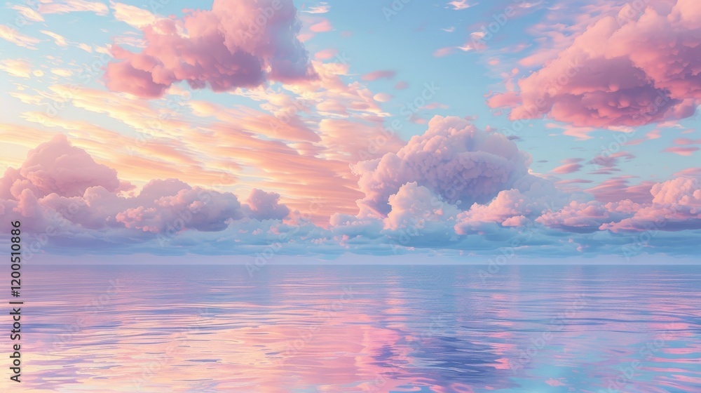 Fototapeta premium Soft lavender and peach clouds floating above a calm sea during twilight, blending beautifully with the water